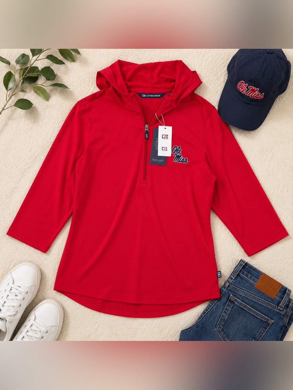 NWT Cutter & Buck Ole Miss Red Quarter Zip Hoodie Pullover Women’s Small